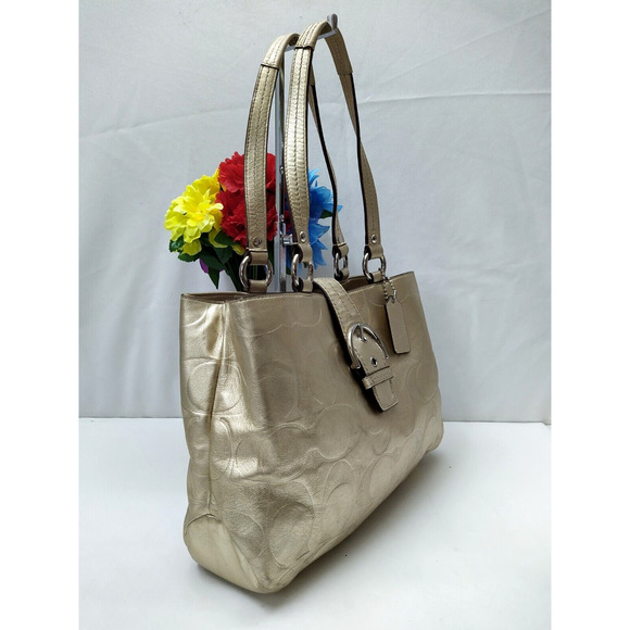 Coach Signature Metallic Gold Leather Buckle Satchel Shoulder Bag - Picture 3 of 12